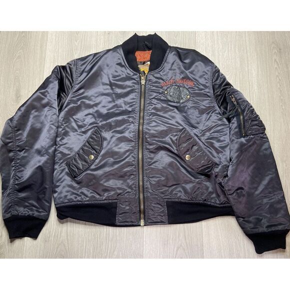 Vintage Harley Davidson Jacket Men Black Large Owners Group HOG Satin Bomber USA